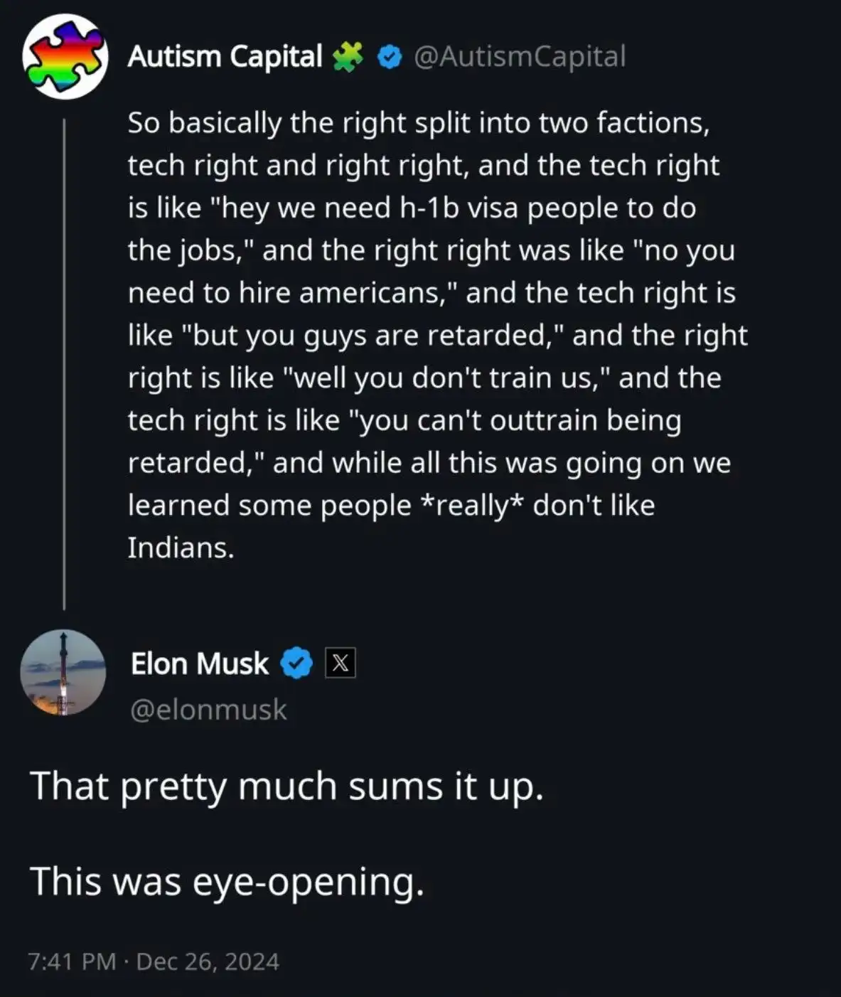 A screenshot of a Twitter thread shows a tweet from 'Autism Capital' detailing a fictional debate between 'tech right' and…