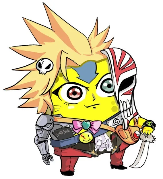 A chibi-style SpongeBob SquarePants character with spiky blonde hair, one eye replaced by a skull, and the other eye showing…
