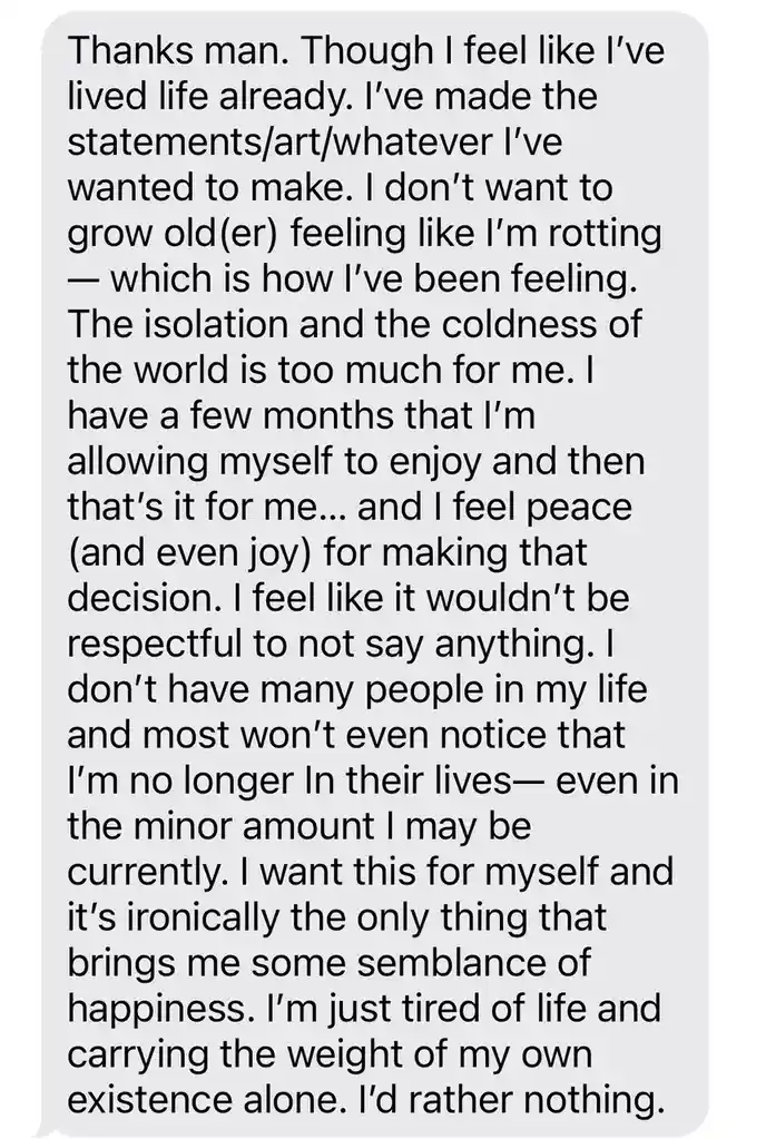 A screenshot of a text message bubble with black text on a light gray background. The message is a deeply personal…