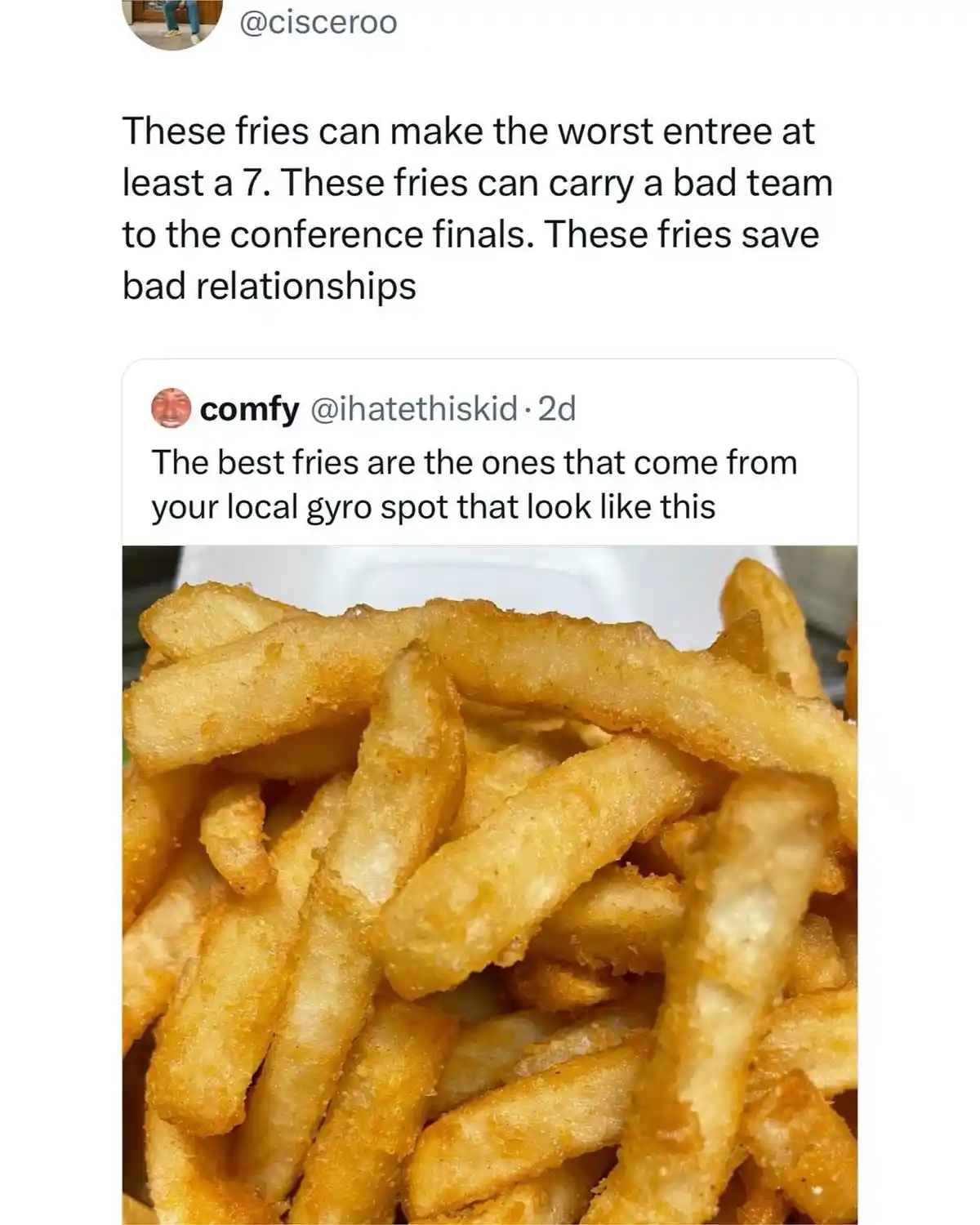 A close-up photo of thick, golden-brown, crispy-looking french fries in a white container. Overlaid text from a tweet by…
