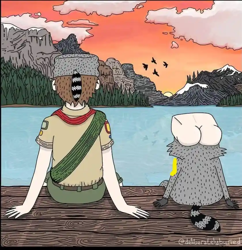 Two cartoon characters sit on a wooden dock facing a scenic sunset over a lake with mountains. The character on the left…