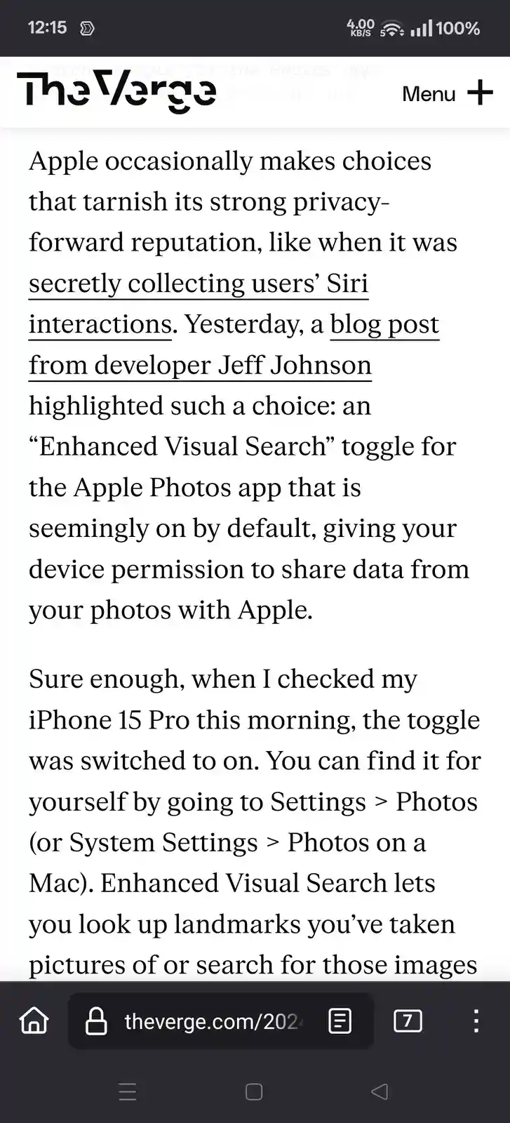 A screenshot of a mobile phone displaying an article from The Verge about Apple's privacy concerns, specifically mentioning…