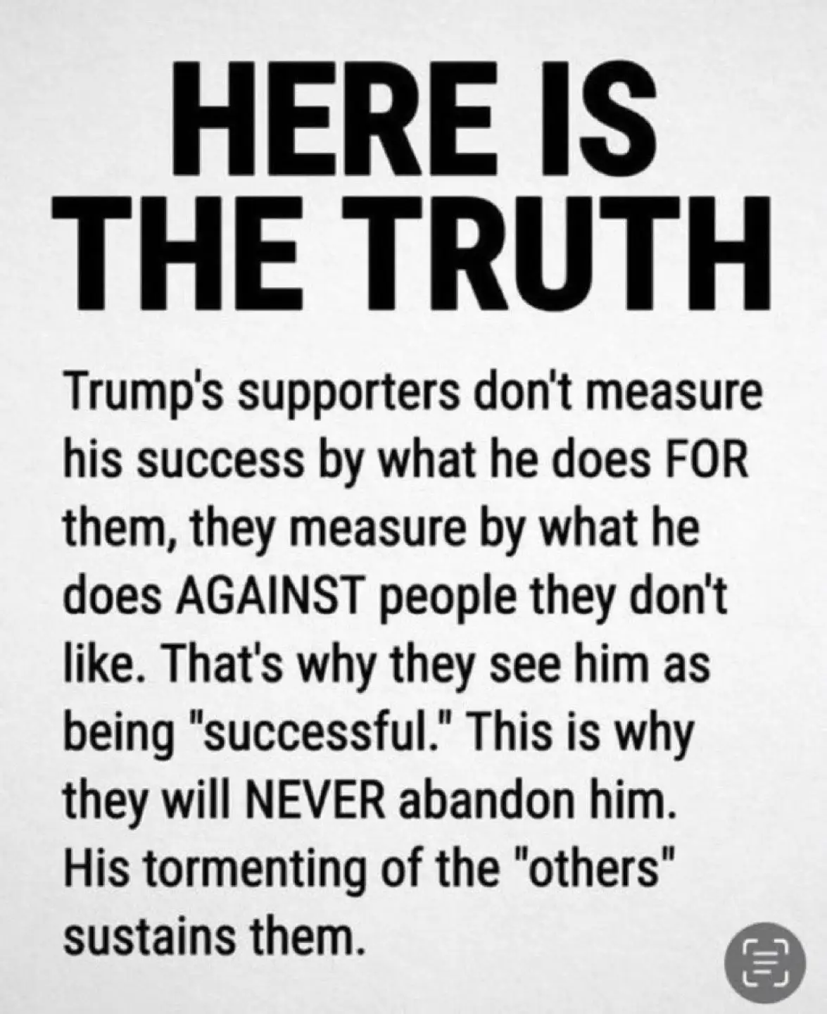 A white background with bold black text stating 'HERE IS THE TRUTH' followed by a paragraph explaining that Trump's…