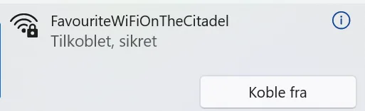 A screenshot of a Wi-Fi connection status on a mobile device, showing a network named 'FavouriteWiFiOnTheCitadel' that is…