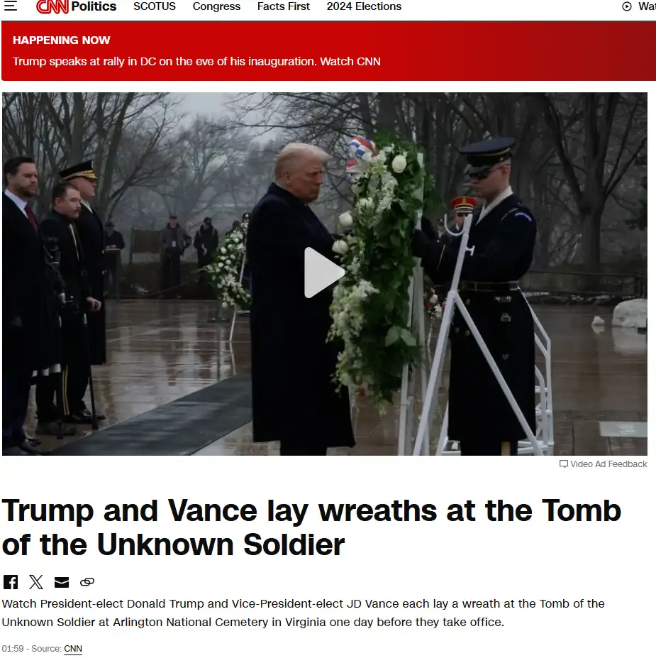 A screenshot from a CNN news page shows Donald Trump standing at the Tomb of the Unknown Soldier in Arlington National…