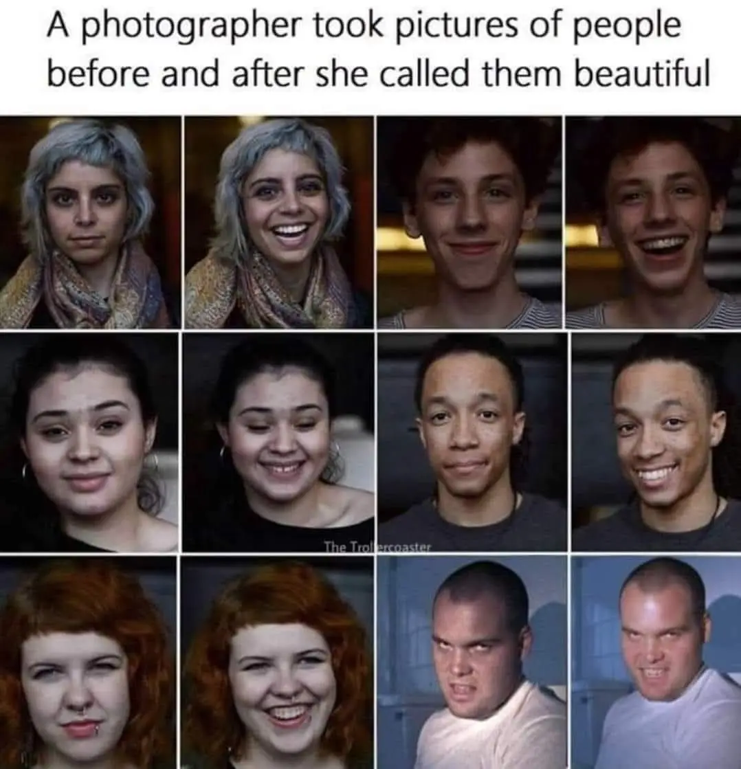 The image displays a grid of six pairs of photos, each showing a person's face before and after being told they are…