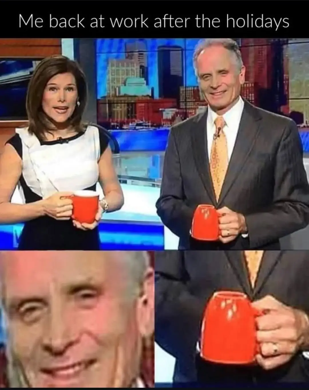 The top panel shows two news anchors, a woman and a man, both holding red mugs in a studio. The bottom panel is split: left…