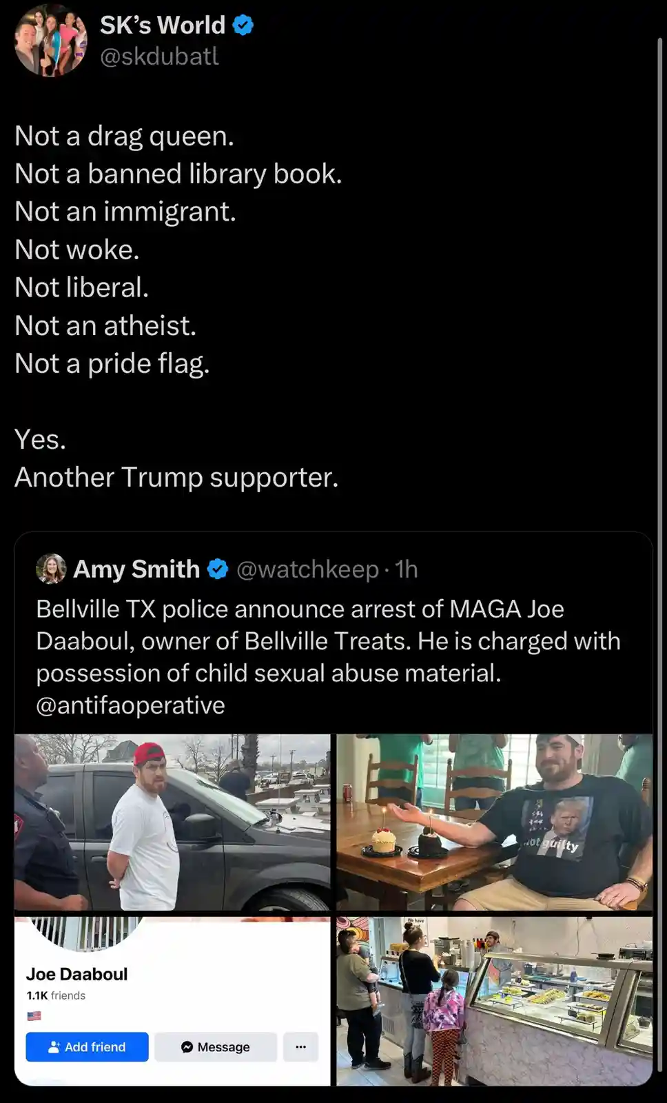 A screenshot of a Twitter thread where a user lists various political and social identities that a person is not, then…