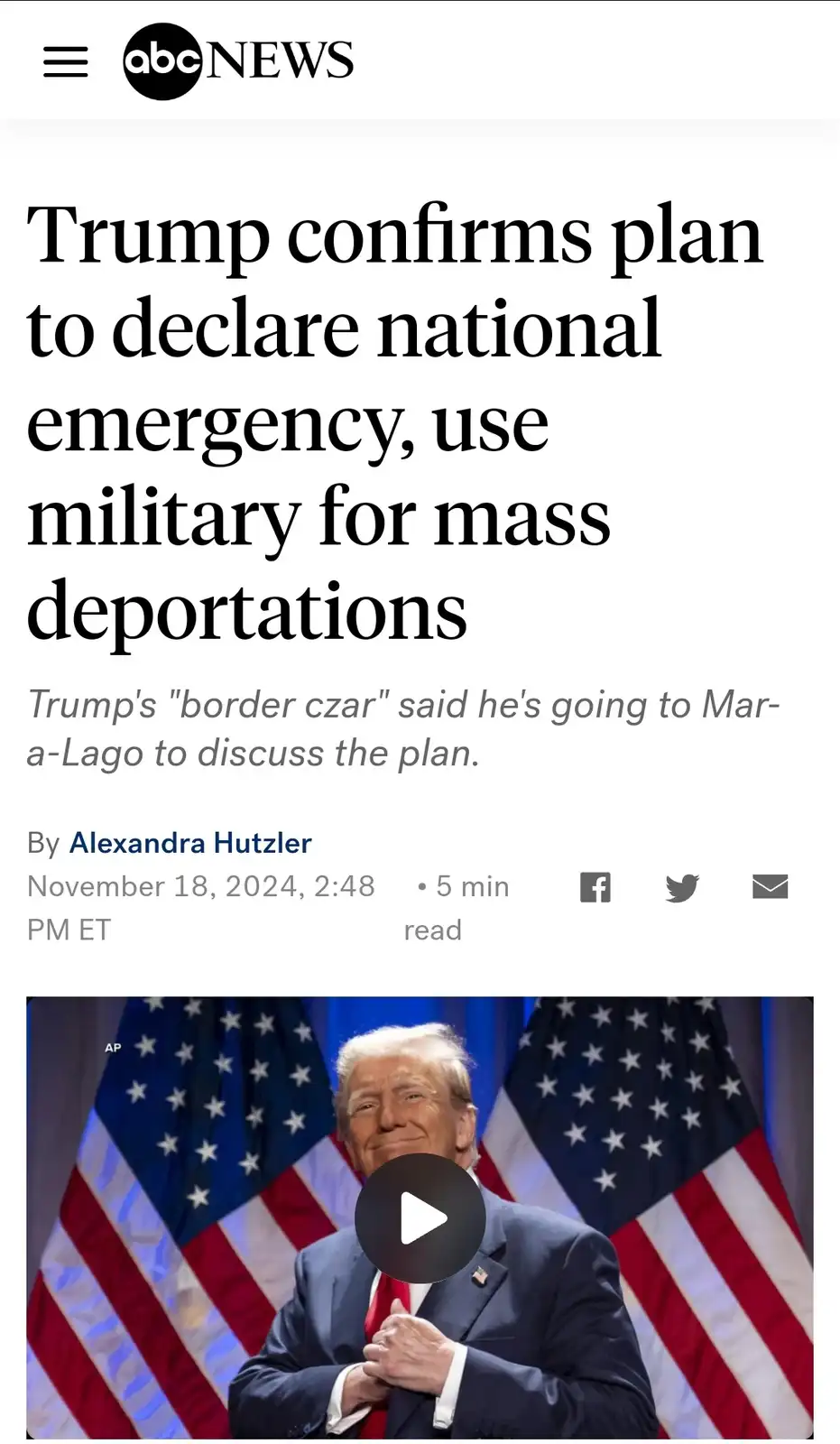 An abcnews.com article screenshot shows a headline about Trump confirming a plan to declare a national emergency and use the…