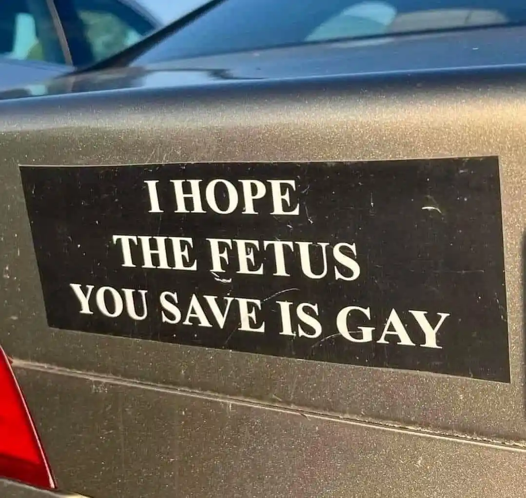 A close-up photo shows a black rectangular sticker with white text affixed to the rear side of a dark-colored car. The…