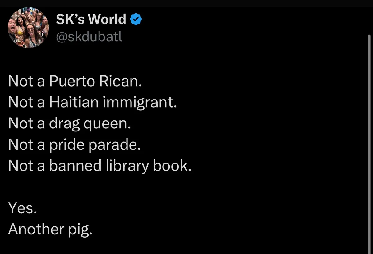 A screenshot of a tweet from 'SK's World' with a black background and white text listing several things that are 'not'…