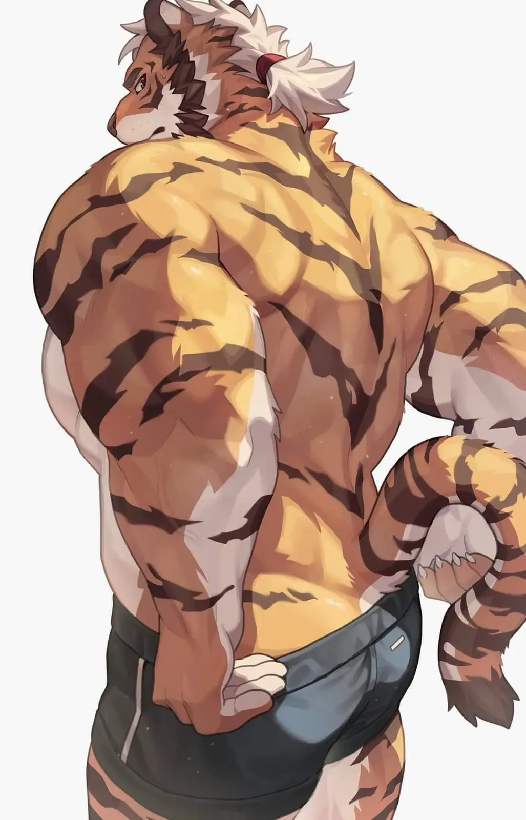 An anime-style illustration shows a muscular anthropomorphic tiger from behind, wearing dark shorts and posing with one hand…