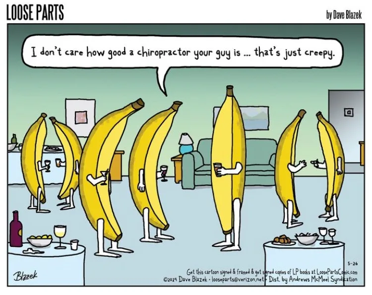 A cartoon depicts several anthropomorphic bananas standing in a living room, socializing with drinks. One banana, standing…
