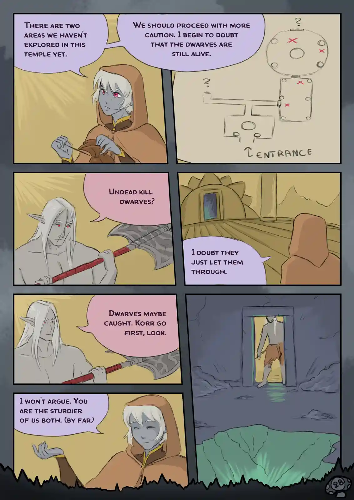 A comic strip depicts two fantasy adventurers, one in a brown hooded cloak and another with long white hair and an axe…