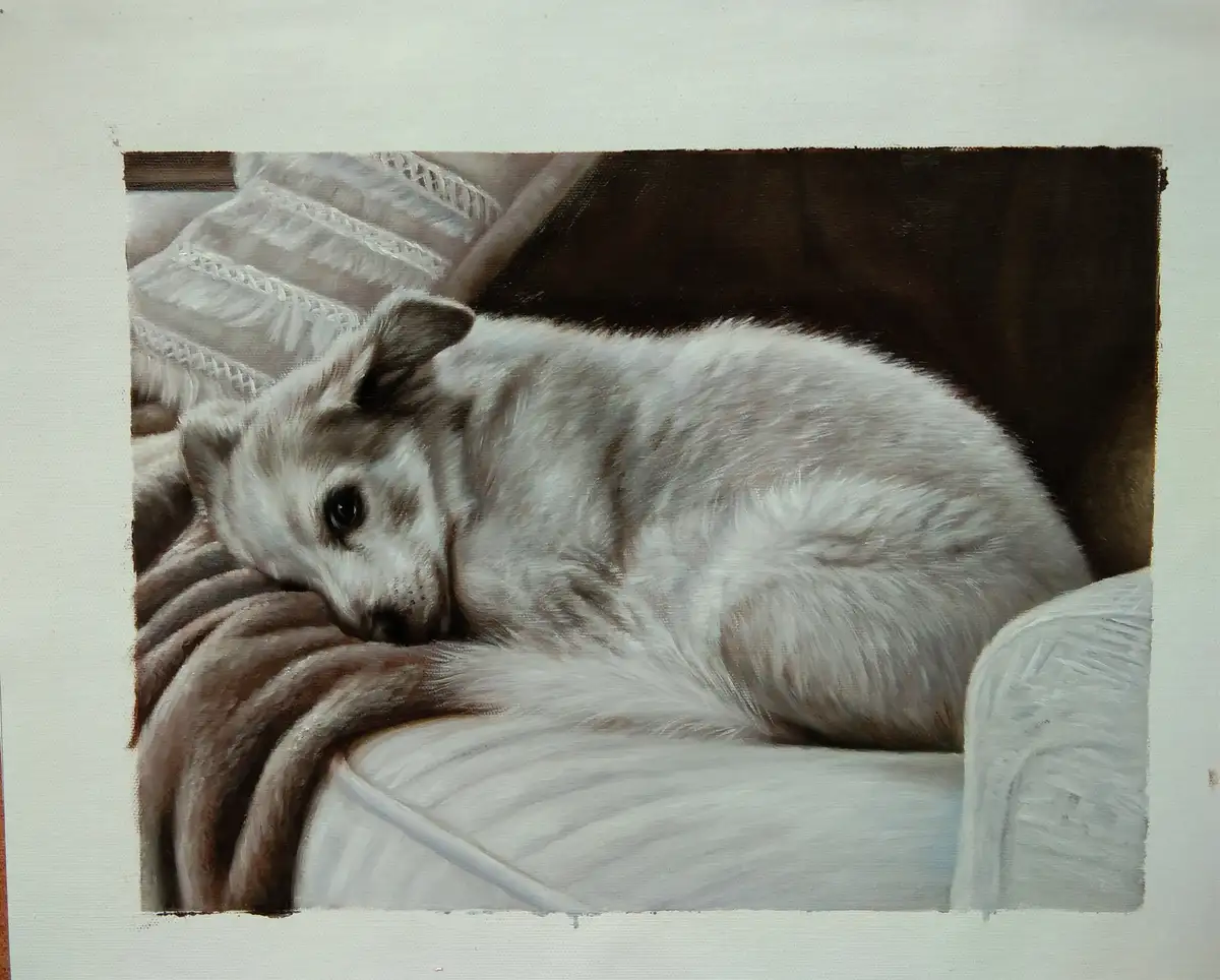 A realistic painting of a light-colored dog curled up and resting its head on a blanket on a couch, with overlaid text…