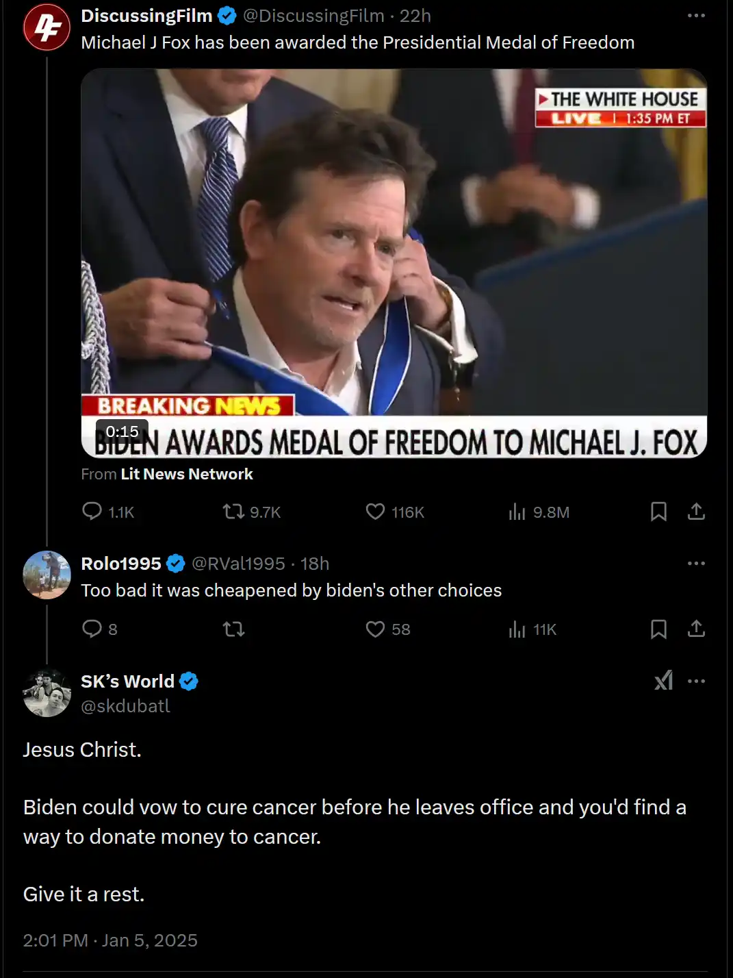 A screenshot of a Twitter thread shows a news clip of Michael J. Fox receiving the Presidential Medal of Freedom at the…