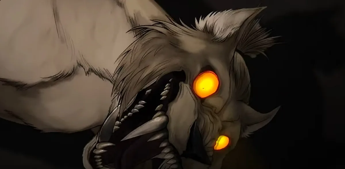 A menacing, furry creature with glowing orange eyes, sharp teeth, and a snarling expression is shown in a dark setting. The…