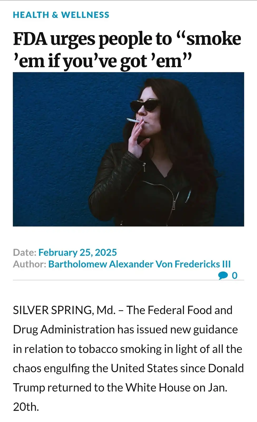 A mock news article with a 'Health & Wellness' header, featuring a photo of a woman in a black leather jacket and sunglasses…