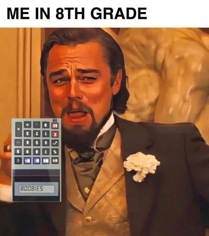 A man in a formal suit with a white flower boutonniere looks distressed while holding a calculator that displays '800815'…