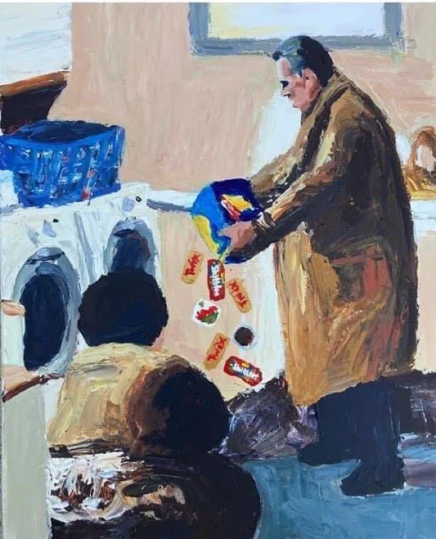A painting depicts a man in a brown coat standing beside a washing machine, holding a blue laundry basket. Several colorful…
