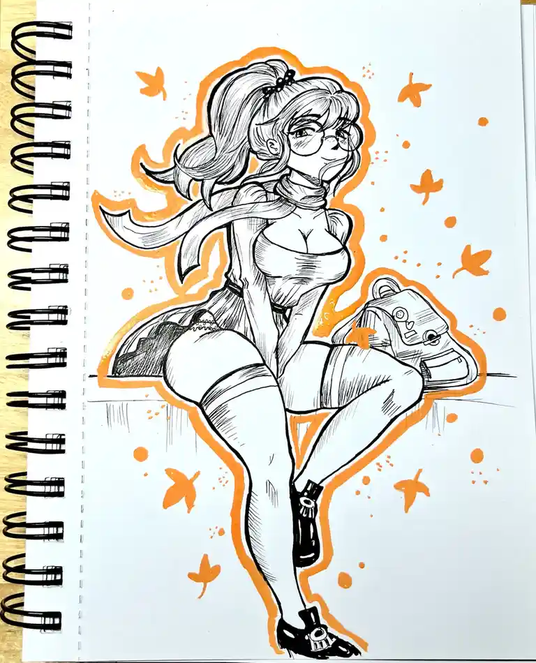 A hand-drawn anime-style illustration of a young woman with glasses and pigtails, sitting on a ledge with a backpack beside…