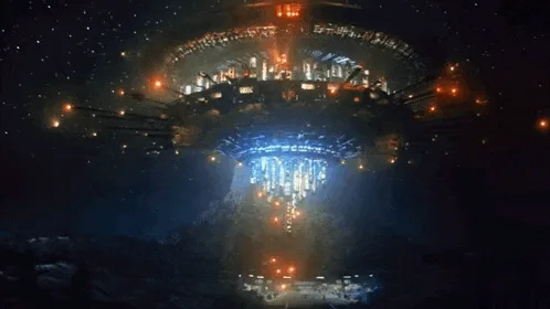 The image displays a repeating sequence of a large, futuristic, circular space station or orbital platform with glowing blue…