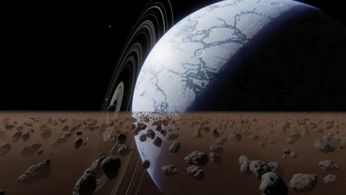 A surreal space scene shows a large icy planet with rings, partially submerged in a brown liquid surface filled with…