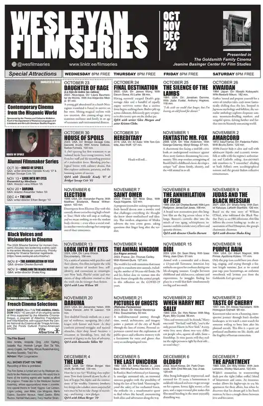 A black-and-white Weslayan Film Series poster for October to December 2024, listing movie titles like 'Final Destination,'…