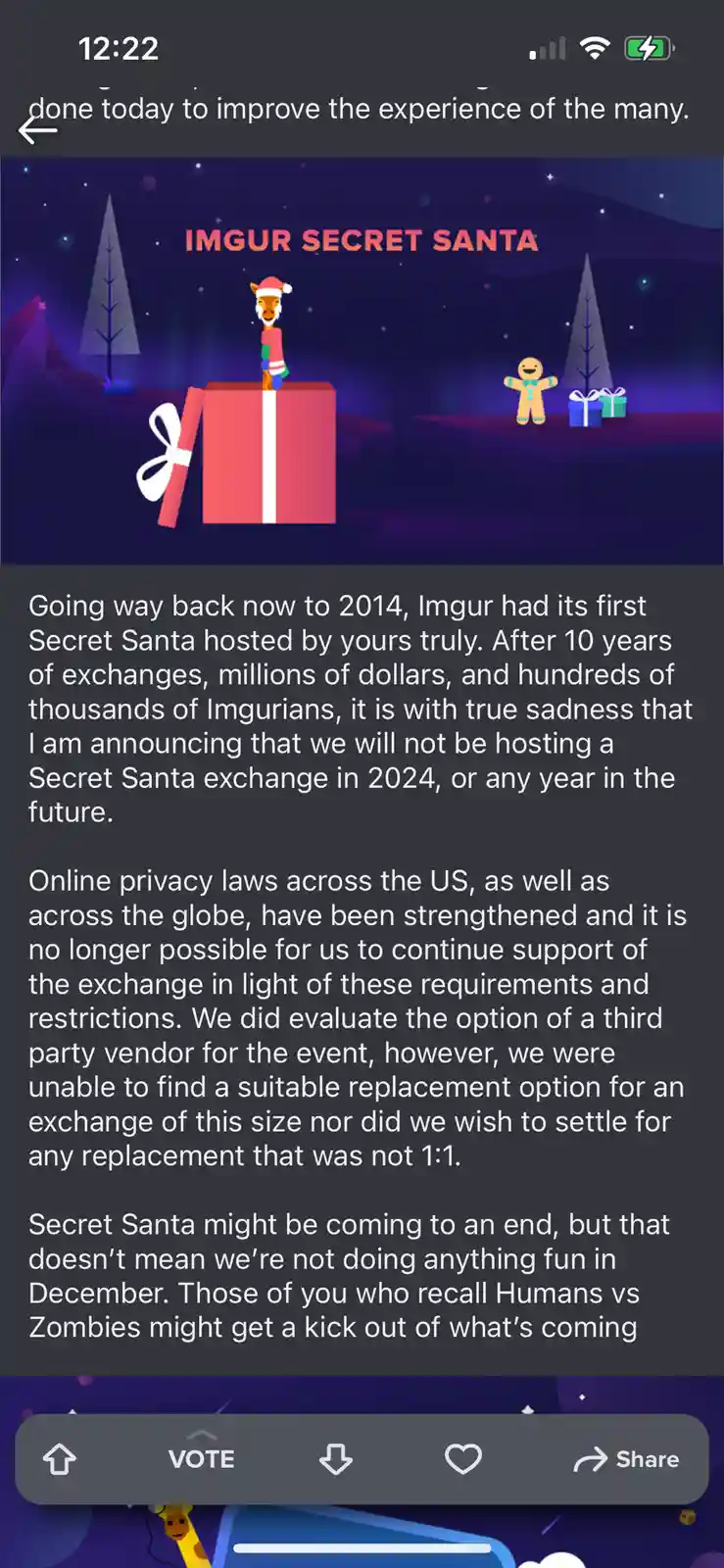 An Imgur mobile app screenshot shows a post announcing the end of the Imgur Secret Santa event. The post features a festive…