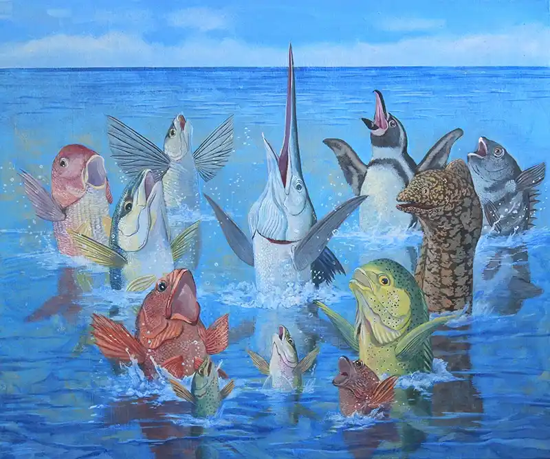 A colorful painting depicts numerous fish and a penguin leaping out of blue ocean water, all with their mouths open as if…