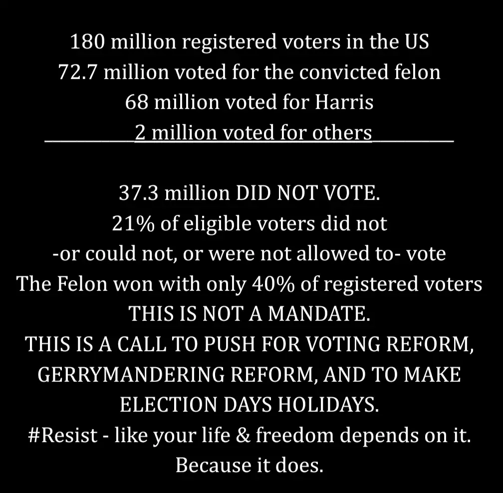 A black background with white text presents a statistical breakdown of U.S. voter turnout and election results, claiming…