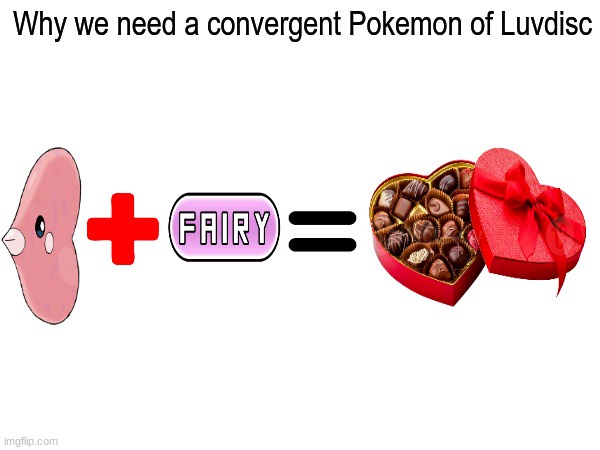 The image displays a pink, heart-shaped Pokémon, Luvdisc, next to a red plus sign, then a purple oval labeled 'FAIRY'…