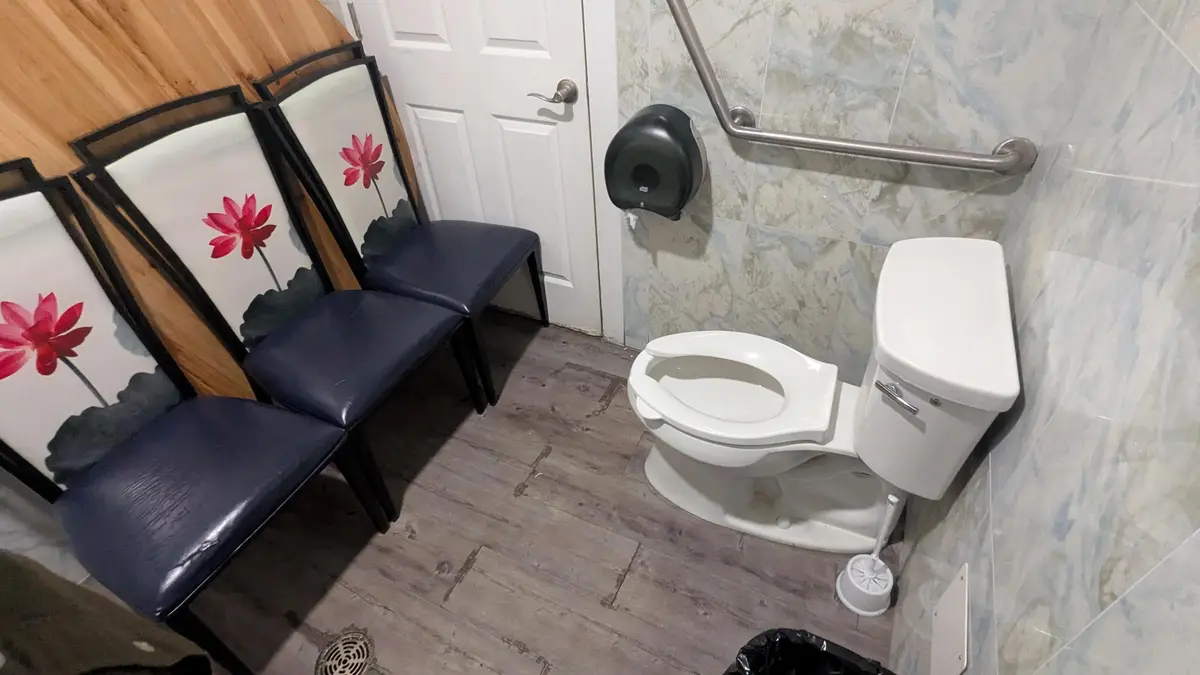 A small room contains a white toilet with a grab bar and paper towel dispenser on marble-patterned walls, alongside three…