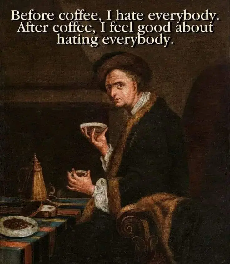 A classical painting depicts a man in dark clothing with a fur collar, seated and holding a small cup while looking intently…