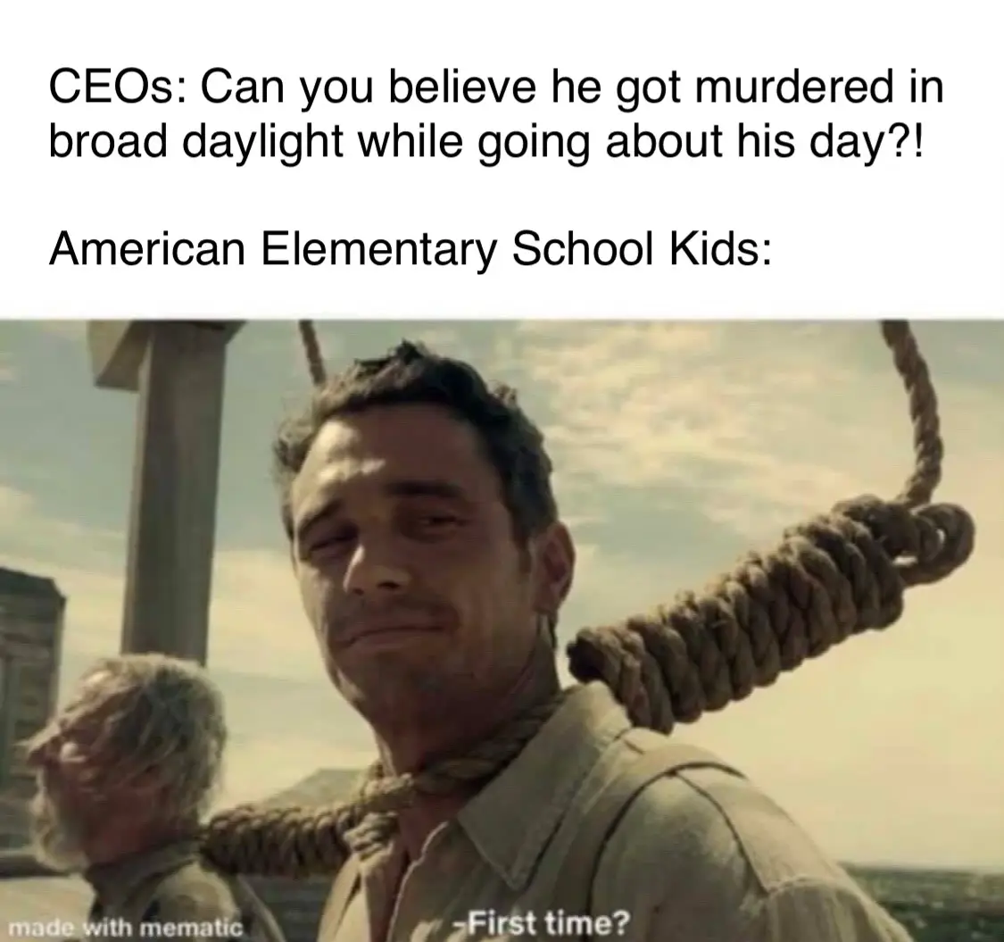 A man with a noose around his neck looks smugly at the camera, with another man in the background. The text above reads…