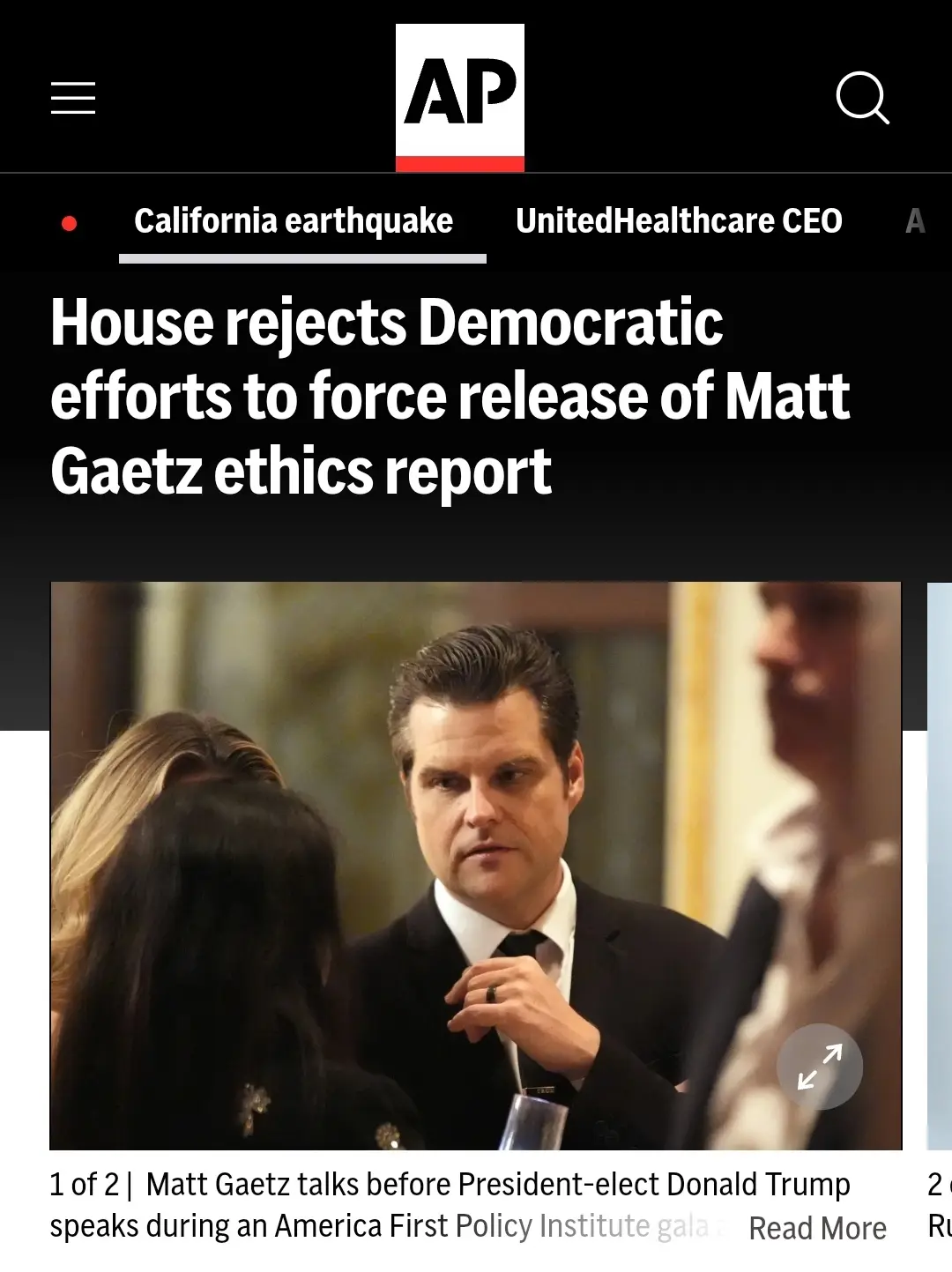 An Associated Press news article screenshot shows a headline about the House rejecting efforts to release Matt Gaetz's…