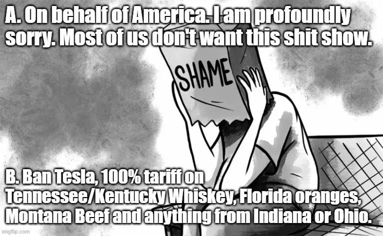 A black and white cartoon depicts a person holding a large, jagged sign that reads 'SHAME' over their face, obscuring it…