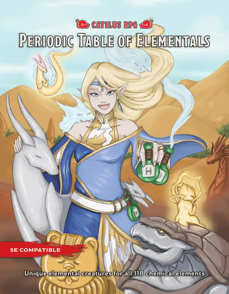 An illustrated fantasy RPG book cover for 'Catilus RPG' titled 'Periodic Table of Elementals', featuring a smiling blonde…