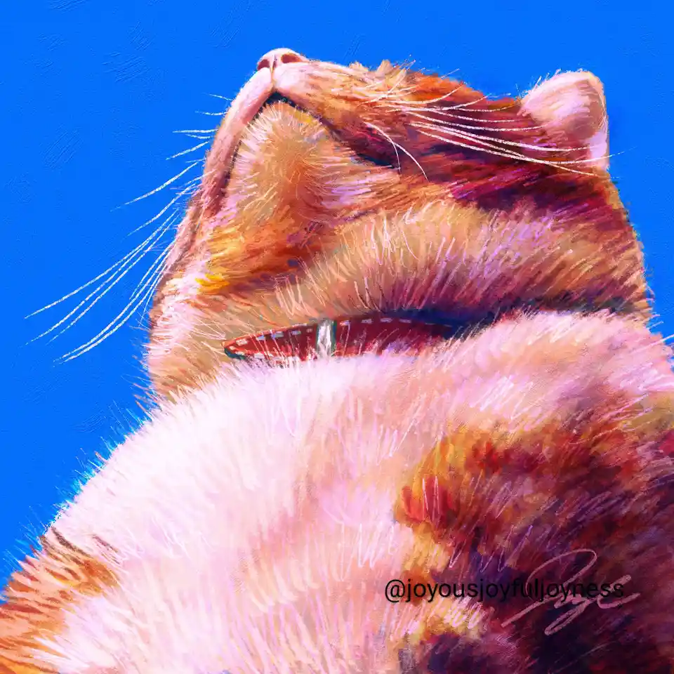 A stylized digital painting of a hamster with orange-brown fur and a white chest, wearing a red collar, looking upward with…