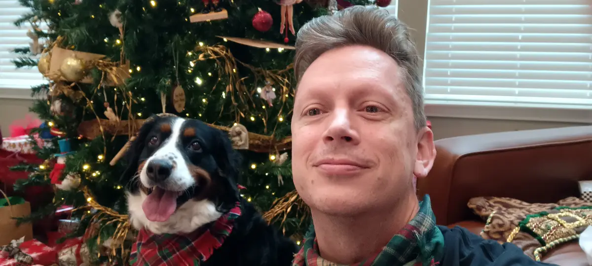 A man and a Bernese Mountain Dog are posing together in front of a decorated Christmas tree with lights and ornaments. Both…