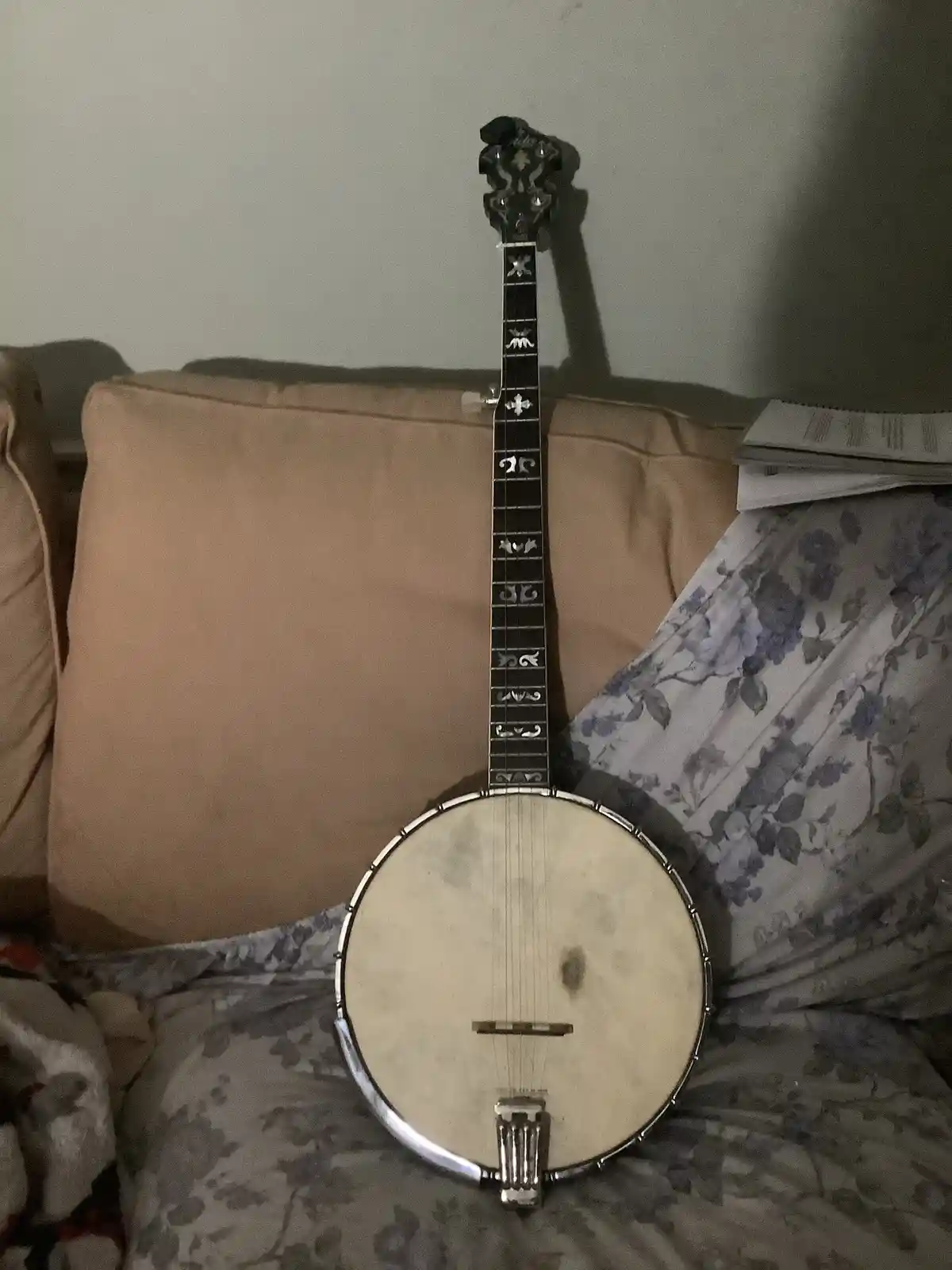 A banjo with a dark fretboard and ornate inlays rests upright on a couch with floral-patterned fabric and a plain beige…