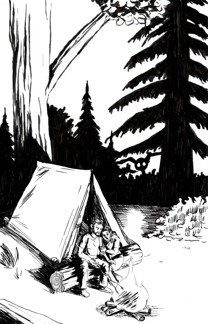 A black-and-white sketch shows a man and a woman sitting together inside a tent, huddled near a campfire in a forest. The…
