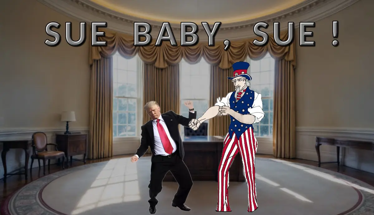 In the Oval Office, a photo of Donald Trump is edited to show him dancing with a cartoon Uncle Sam. The overlaid text reads…