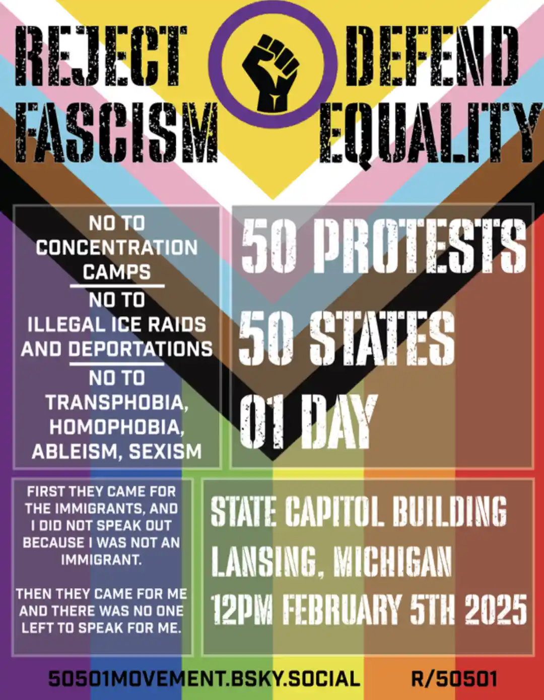 A protest poster with a rainbow-colored background and a raised fist logo, promoting a movement called '50501' with slogans…