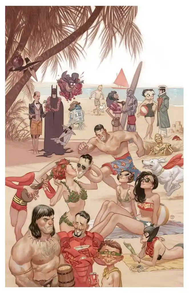 A vintage-style beach scene features numerous comic book characters like Batman, Wonder Woman, Iron Man, and R2-D2 in…