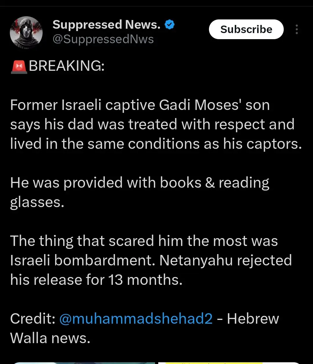 A screenshot of a YouTube video description from 'Suppressed News.' The text claims a former Israeli captive's son says his…