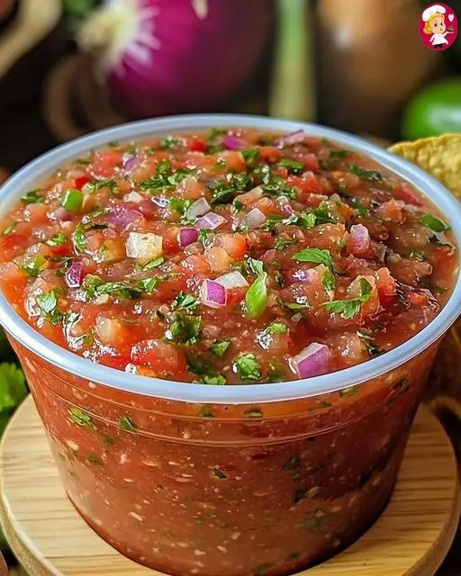 A close-up photo of a clear plastic cup filled with chunky red salsa, topped with chopped cilantro, red onion, and green…