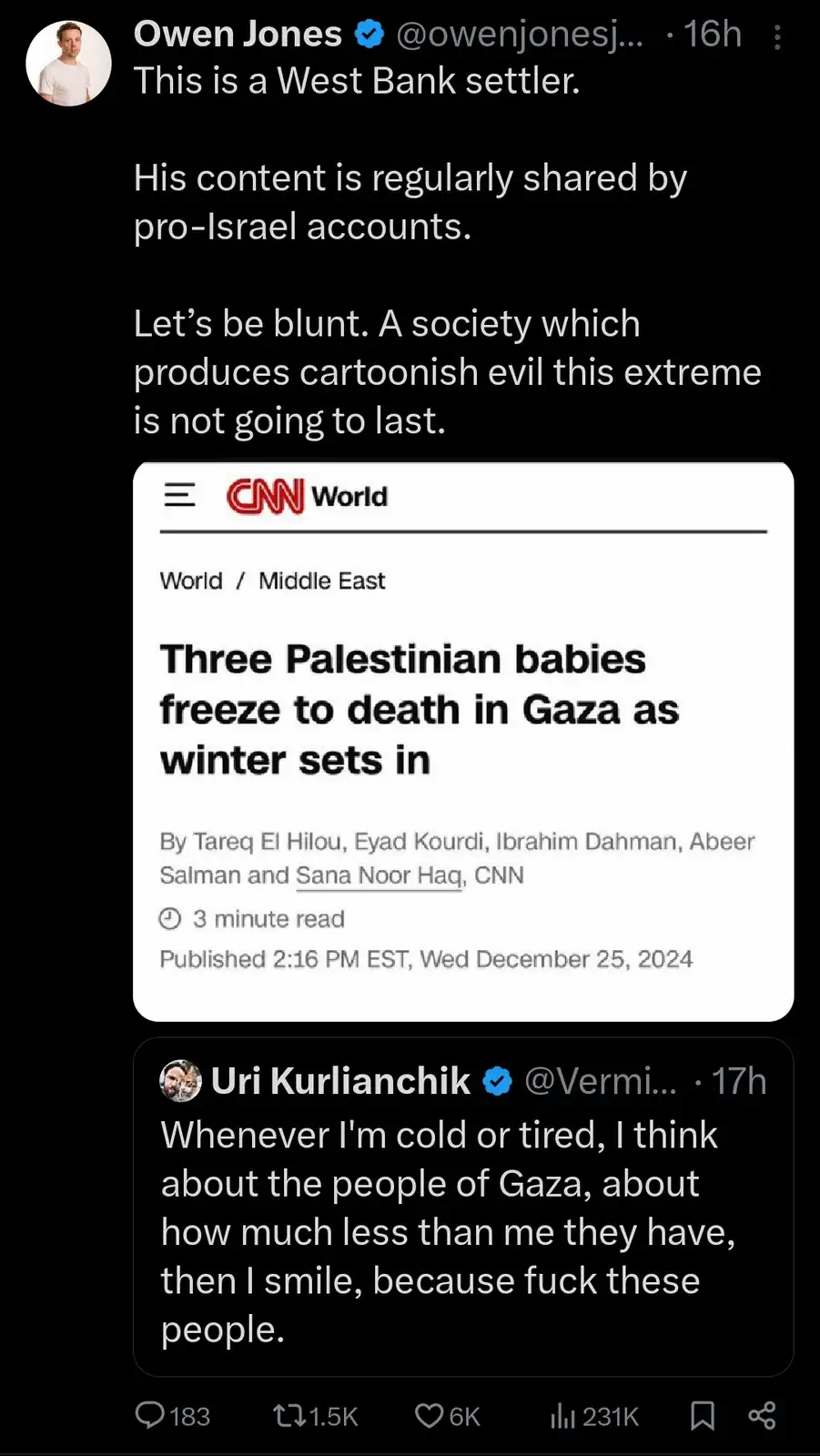 A screenshot of a Twitter thread shows Owen Jones labeling a user as a 'West Bank settler' and criticizing a society for…