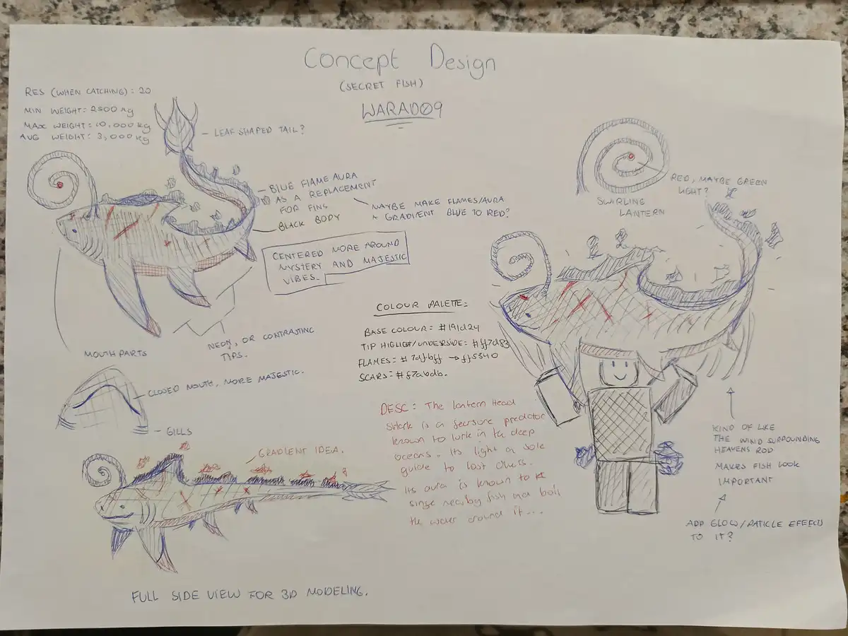 A hand-drawn concept design sheet for a fictional 'secret fish' named WARAD09, featuring multiple sketches of a large…