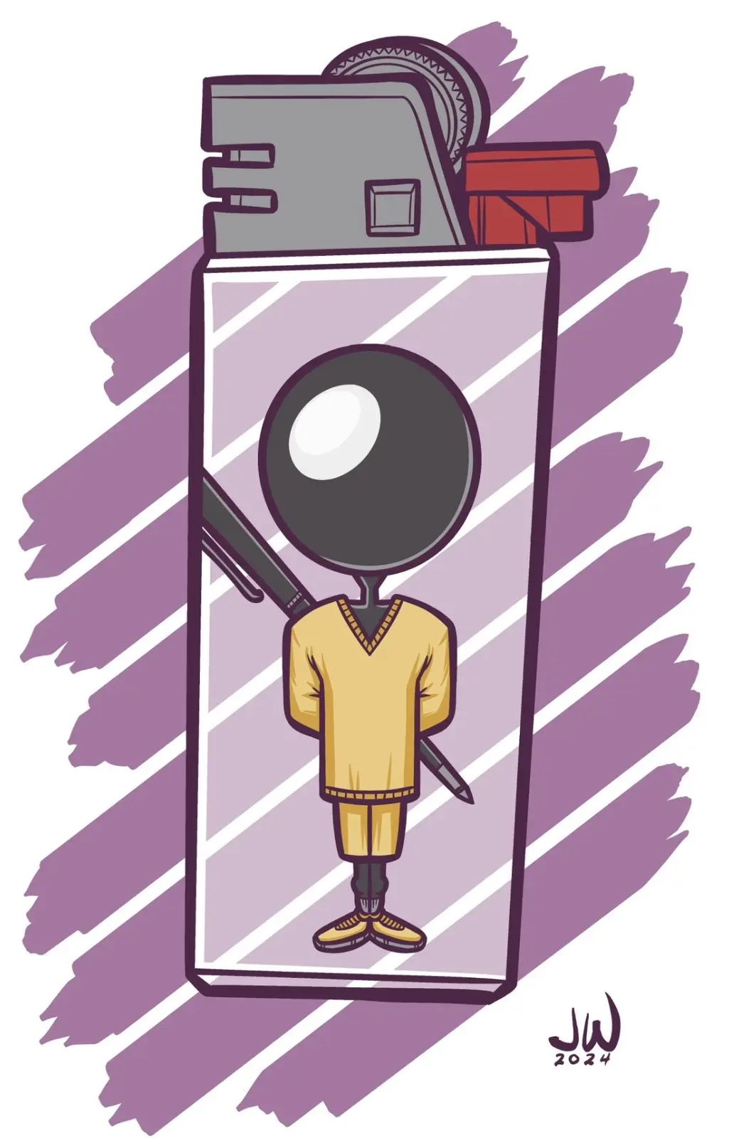 A cartoon character with a large black circular head and a single white dot for an eye, wearing a yellow uniform and holding…
